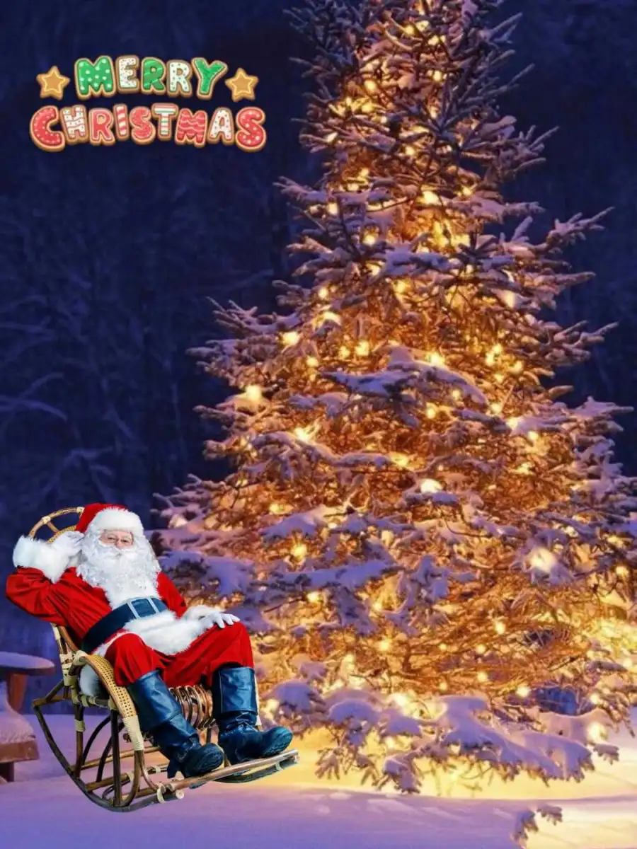 Christmas Santa Claus Sitting On Chair Tree Snow Editing Background