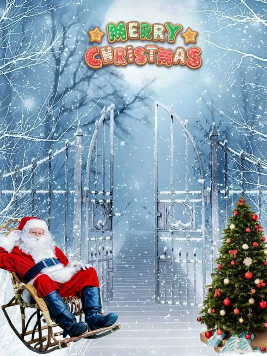 Christmas Santa Claus Sitting On Chair Tree Snow Editing Background