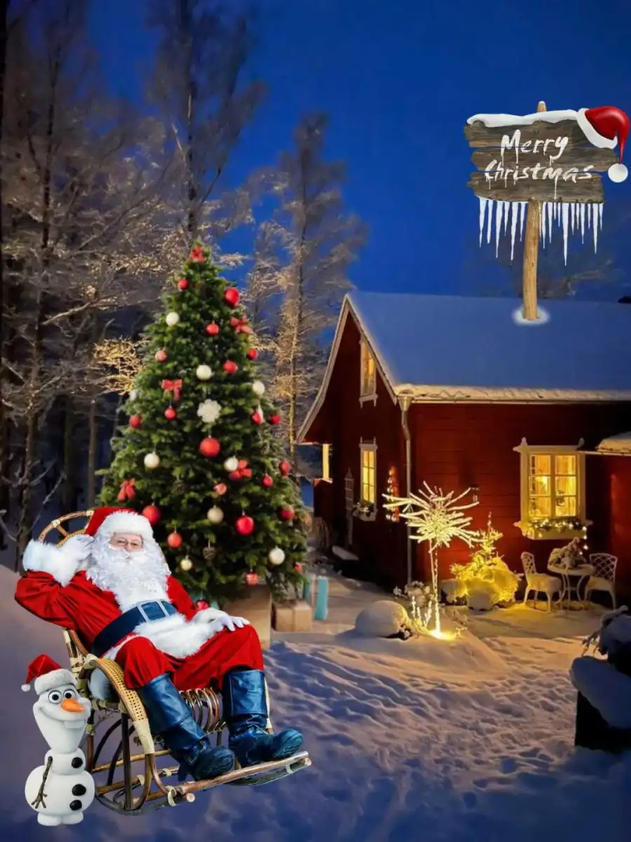 Christmas Santa Claus Sitting On Chair Tree Snow Editing Background