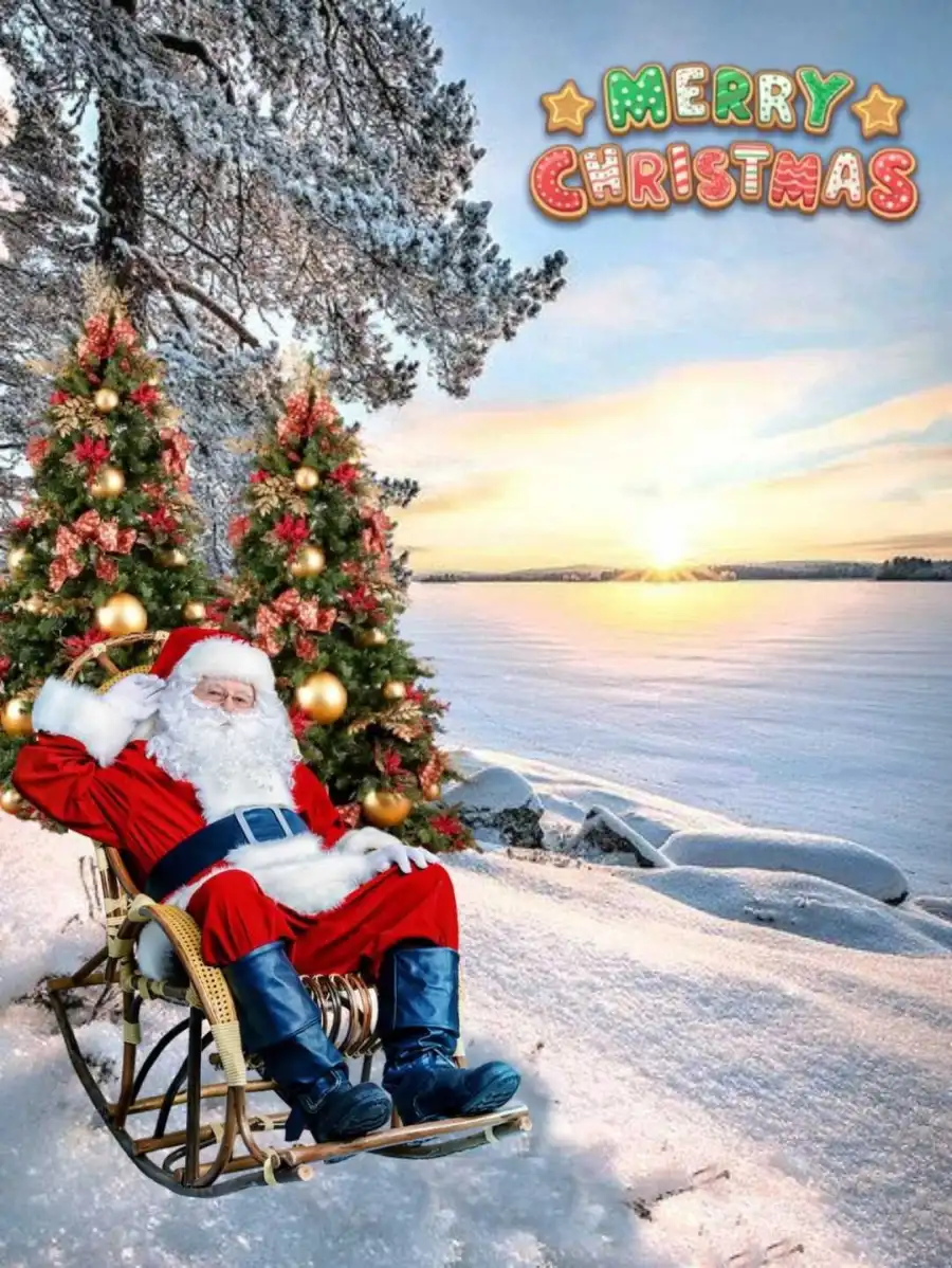 Christmas Stanta Claus Sitting On Chair Background