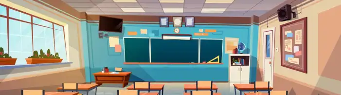 Classroom With Desks And Chairs Cartoon Background HD Images