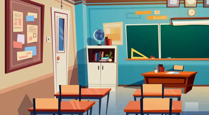 Classroom With Desks And Chairs Cartoon Background HD Images