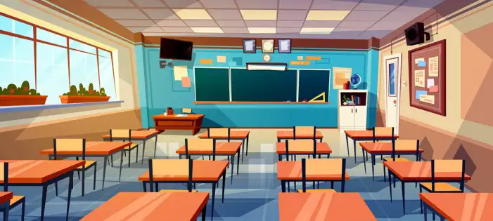 Classroom With Desks And Chairs Chalkboard Background HD Images