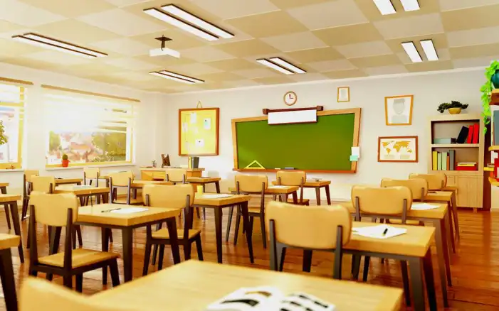 Classroom With Desks And Chairs Clipart Cartoon Background HD Images