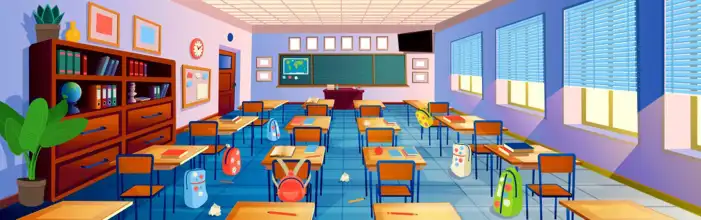 Classroom With Desks And Chairs Clipart Cartoon Background HD Images