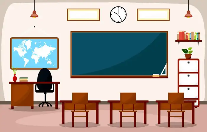 Classroom With Desks And Chairs Clipart Cartoon Background HD Images