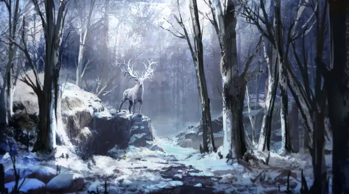 Deer Frozen Winter Forest Background HD Wallpaper Free