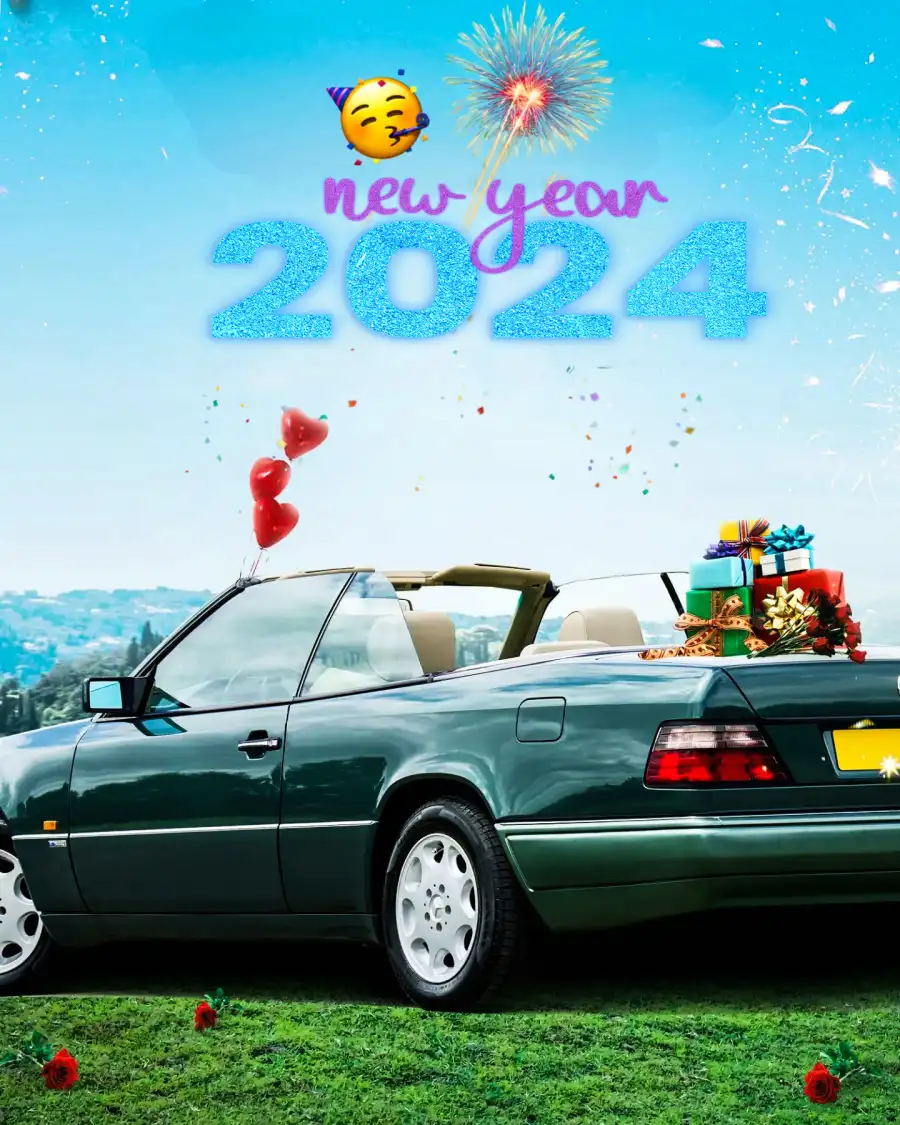 Editing 2024 Happy New Year Car With A Gift Above It Background