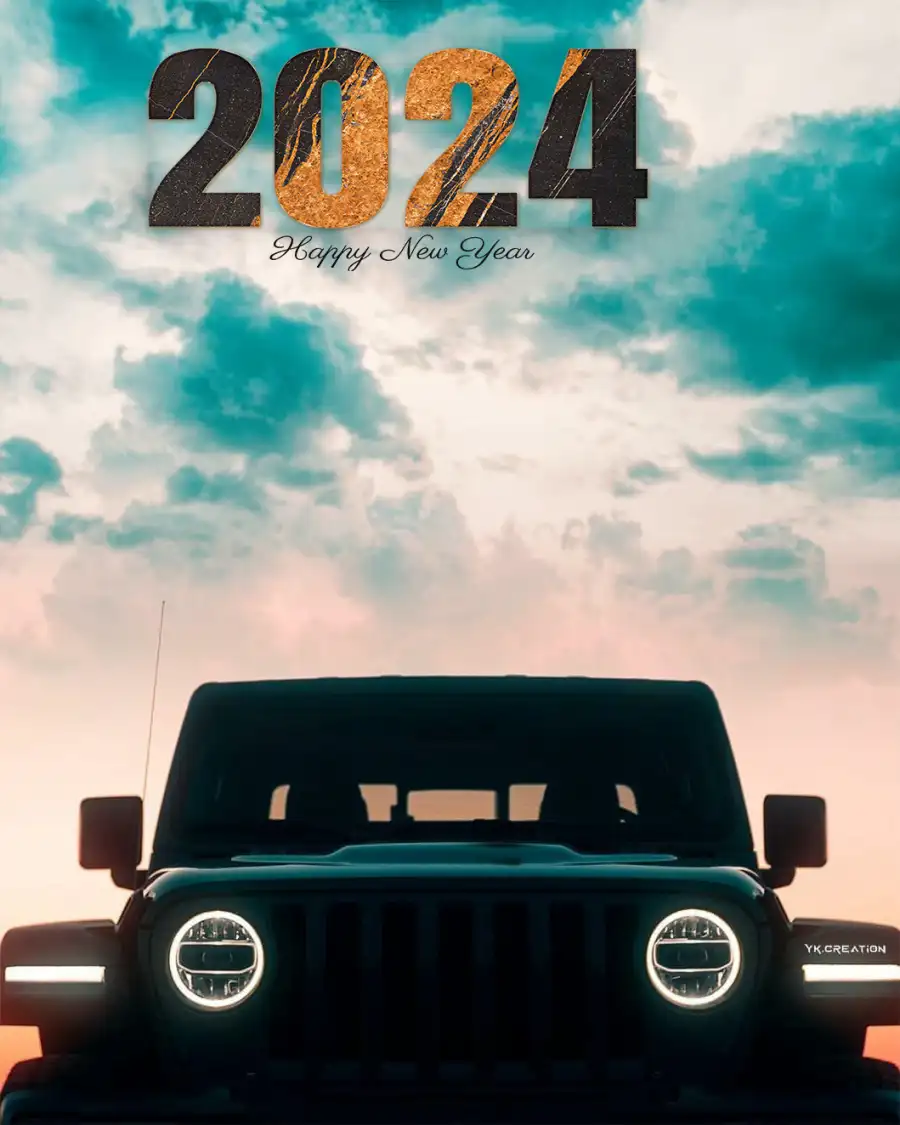 Editing  Happy New Year 2024 Car Parked In Front Of A Cloudy Sky Background