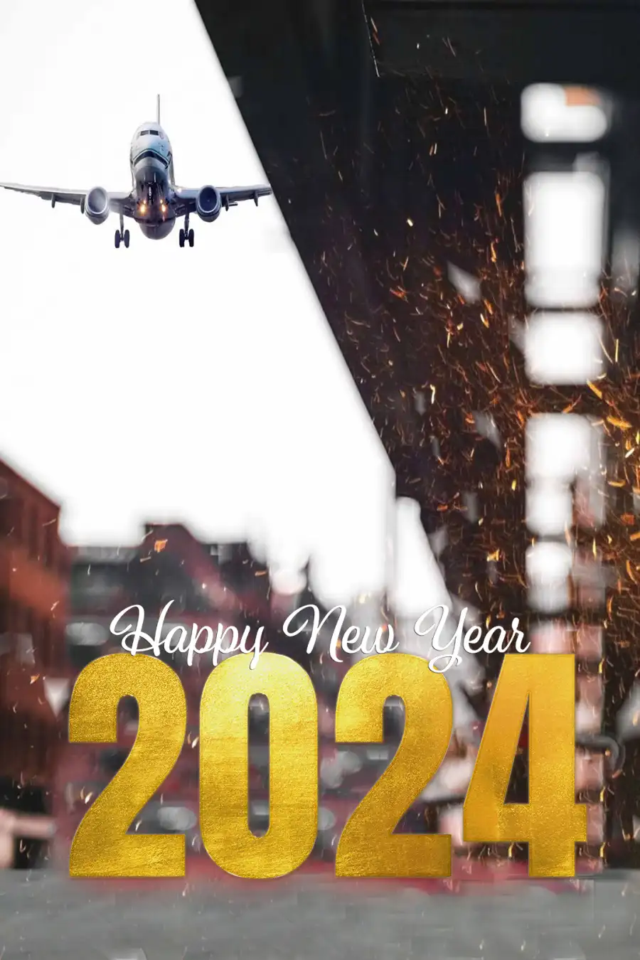 Editing  Happy New Year 2024 Plane Flying Over A City Background