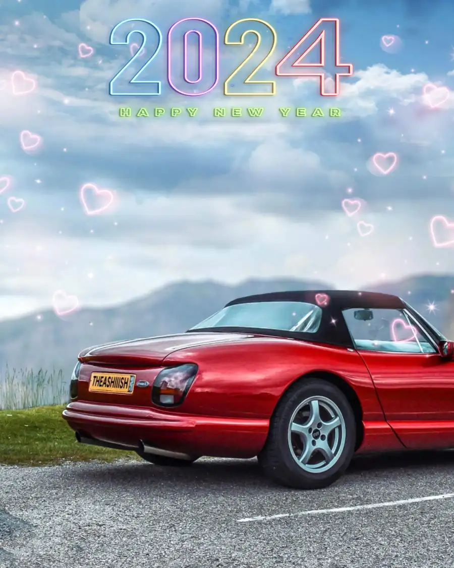 Editing  Happy New Year 2024 Red Car Parked On A Road Background