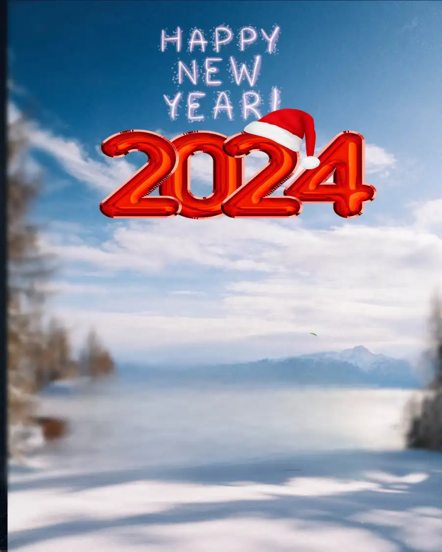 Editing  Happy New Year 2024 Snowy Landscape With A Blue Sky Background