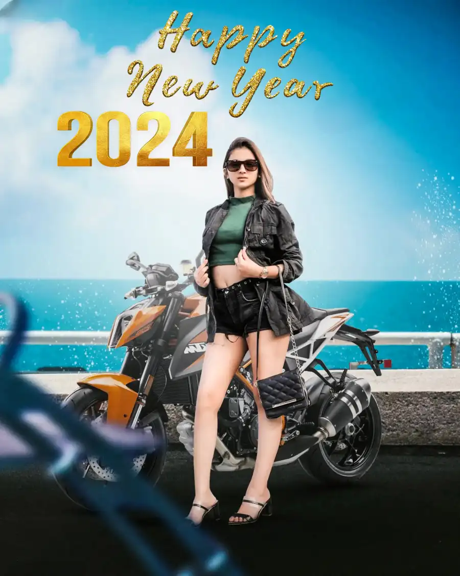 Editing  Happy New Year 2024 Woman Sitting On A Motorcycle Background