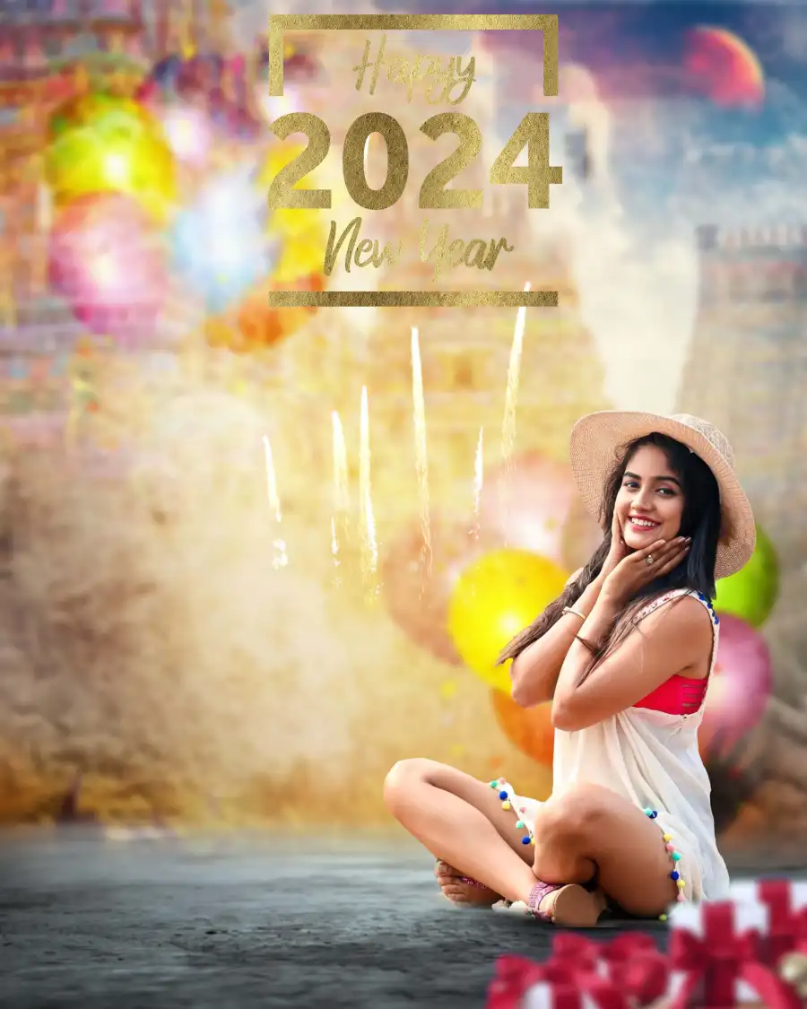 Editing  Happy New Year 2024 Woman Sitting On A Rock Background