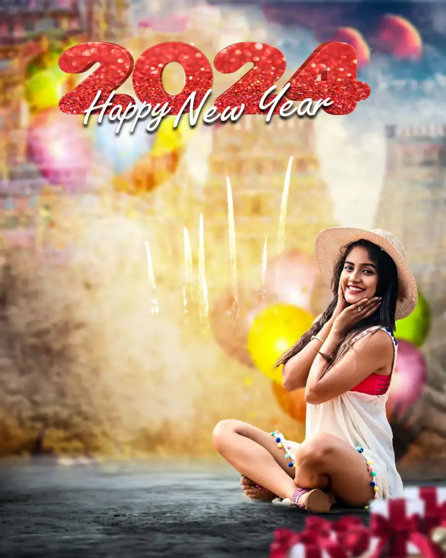 Editing  Happy New Year 2024 Woman Sitting On A Stage Background