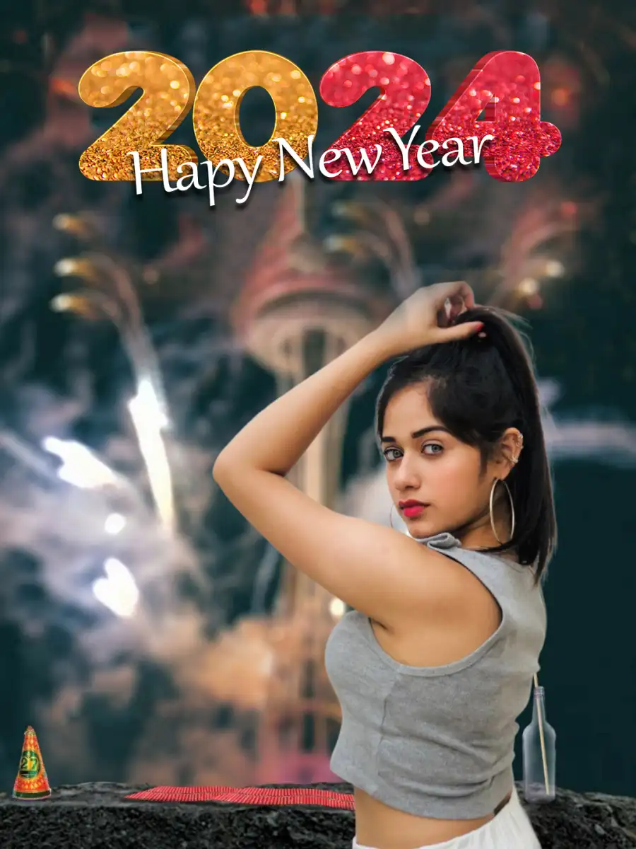 Editing  Happy New Year 2024 Woman With Fireworks Head Background