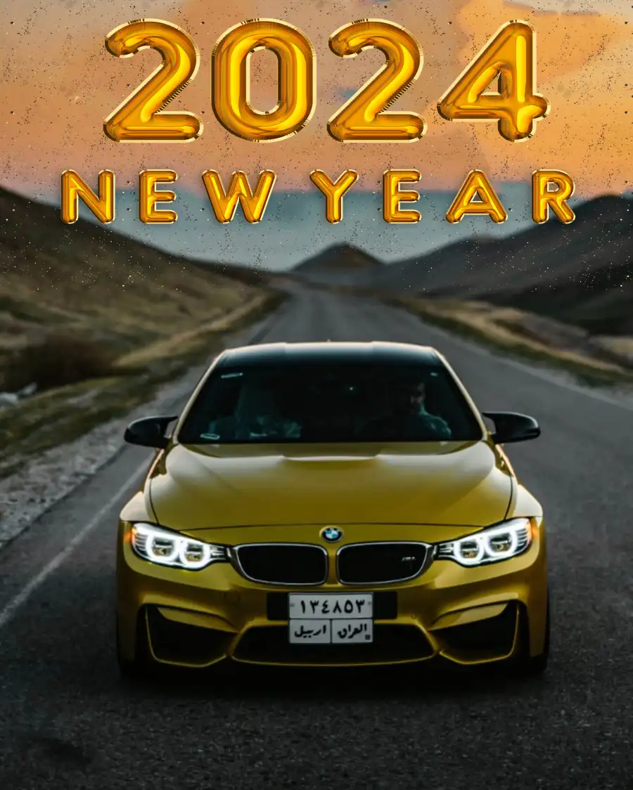 Editing  Happy New Year 2024 Yellow Car On A Road Free Background