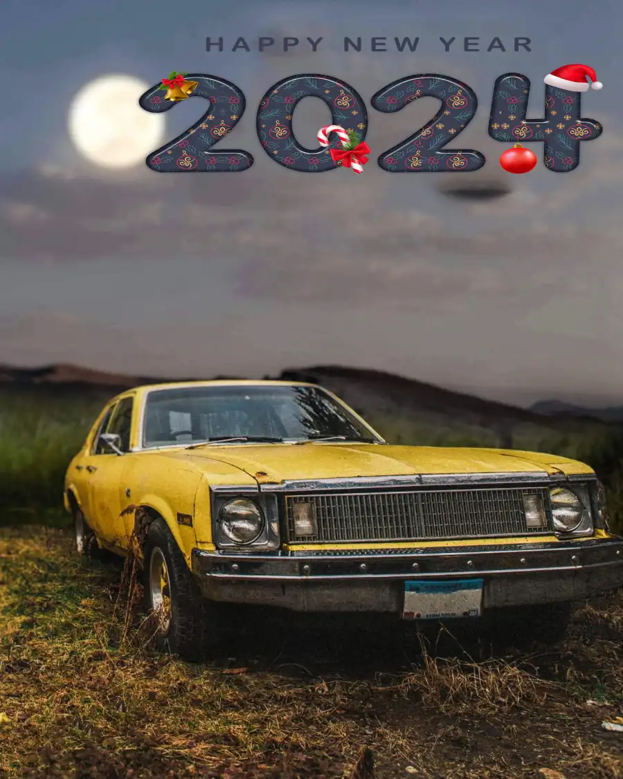 Editing  Happy New Year 2024 Yellow Car Parked In A Field Background