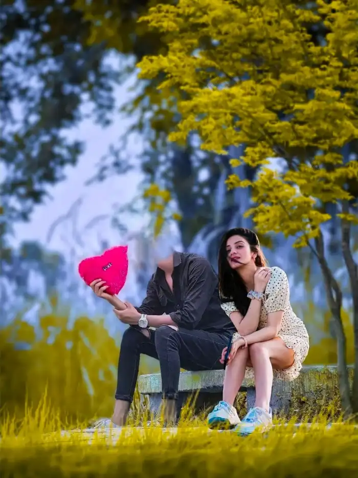 Editing Man And Woman Sitting On A Bench With A Heart Shaped Object Background