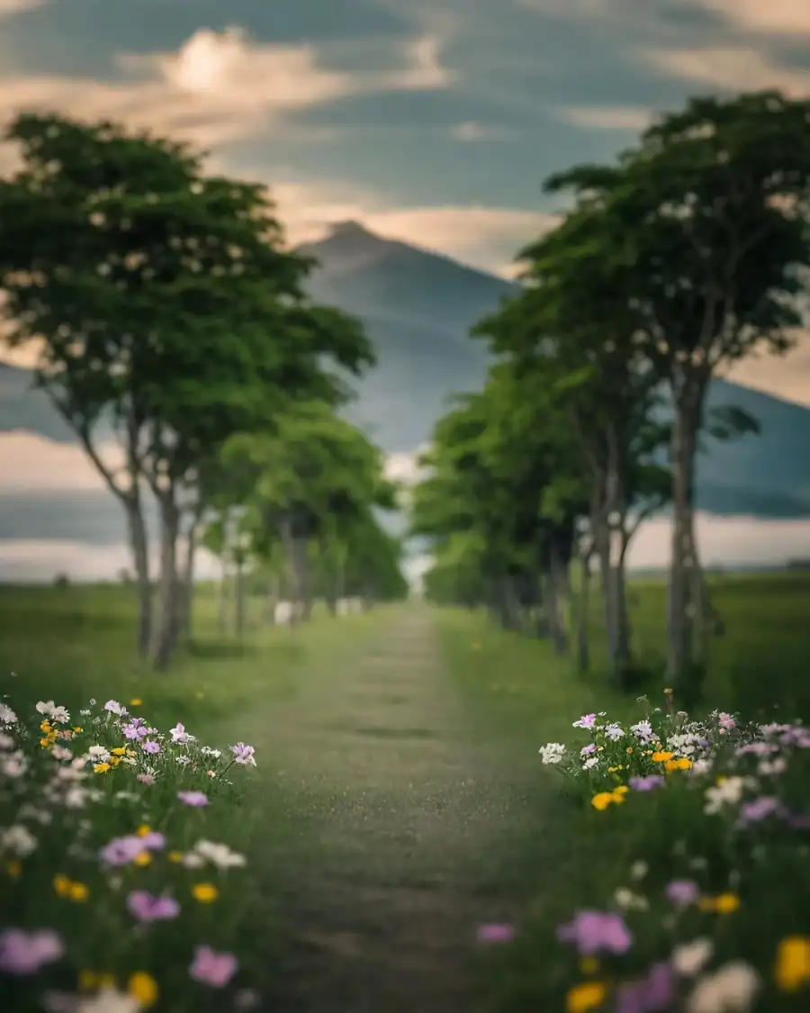 Editing Path With Trees And Flowers On The Side Background