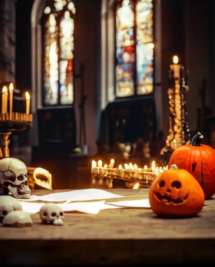 Editing Table With Carved Pumpkins And Candles Background