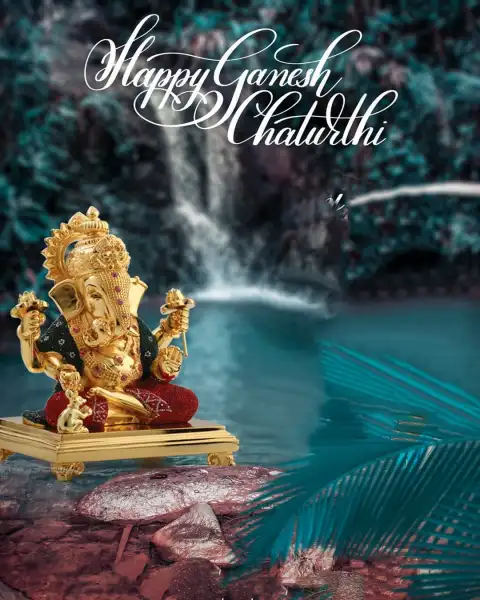 Ganesh Chaturthi Waterfall Golden Ganpati Murti Editing Background