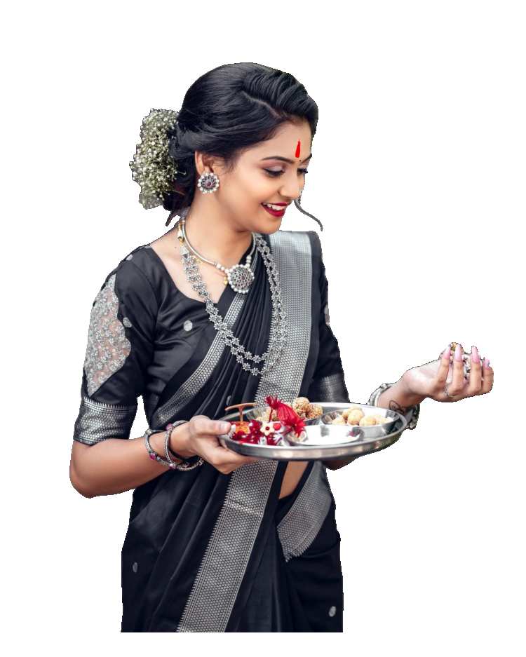 Girl Woman In Saree Holding A Puja Thali PNG Images