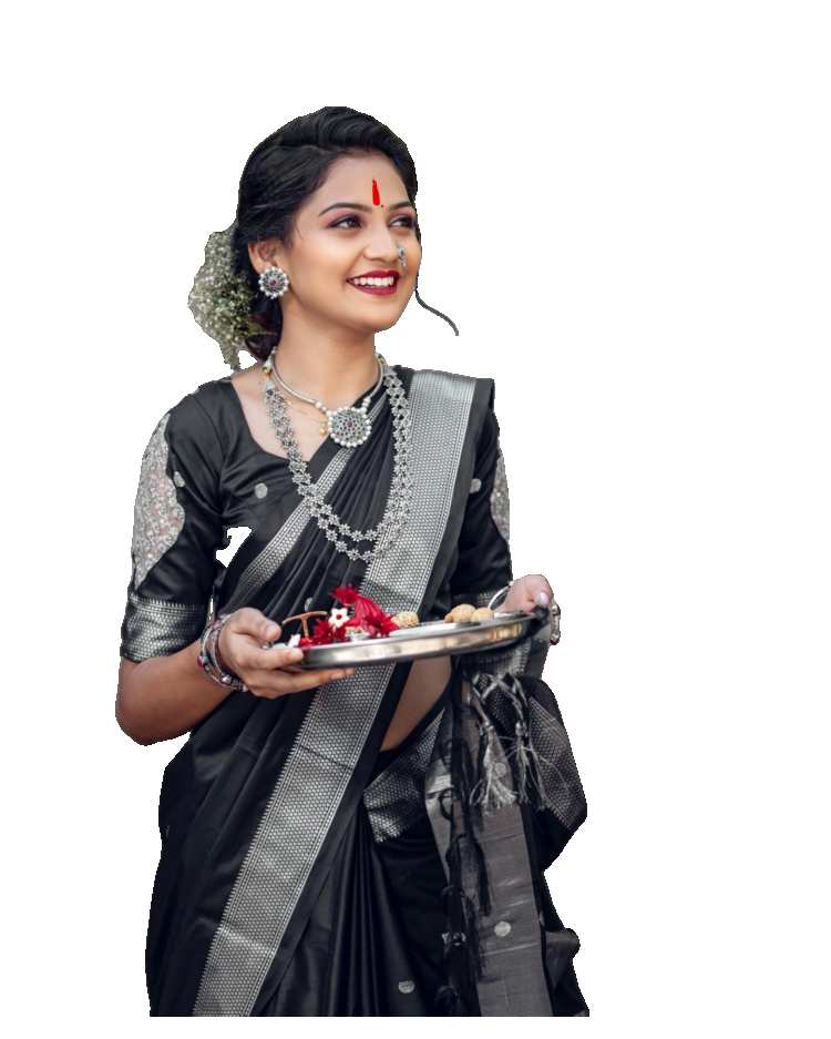 Girl Woman In Saree Holding A Puja Thali PNG Images