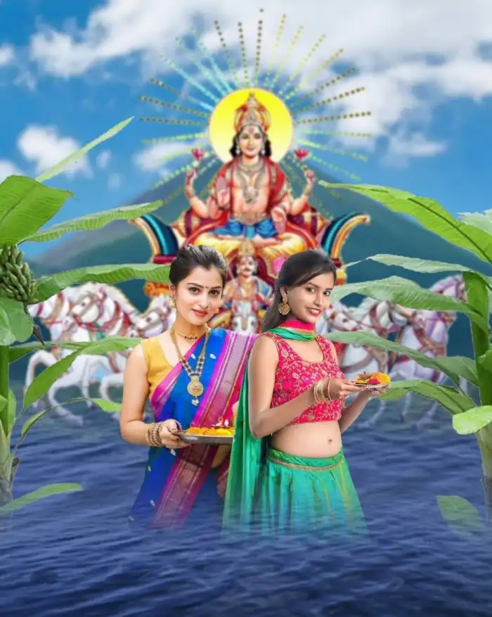 Happy Chhath Puja With Indian Girl In Water Sea Photo Editing Background