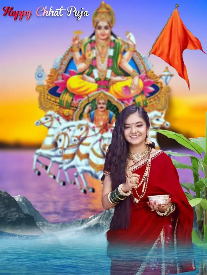 Happy Chhath Puja With Indian Girl In Water Sea Photo Editing Background