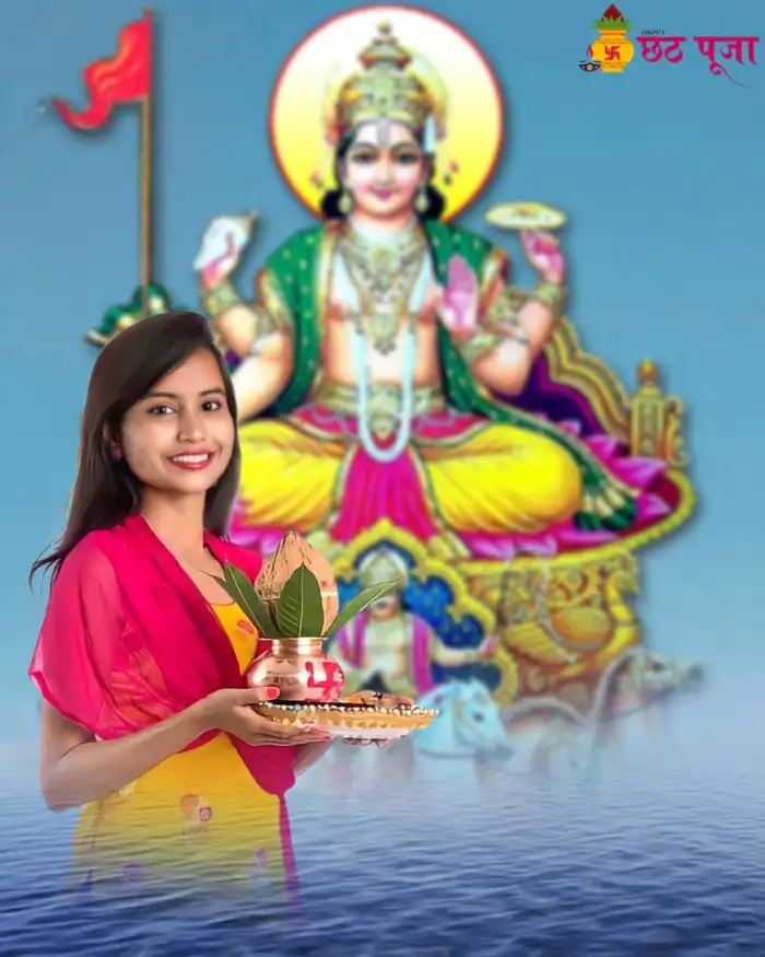 Happy Chhath Puja With Indian Girl In Water Sea Photo Editing Background