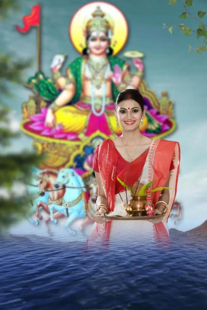 Happy Chhath Puja With Indian Girl In Water Sea Photo Editing Background