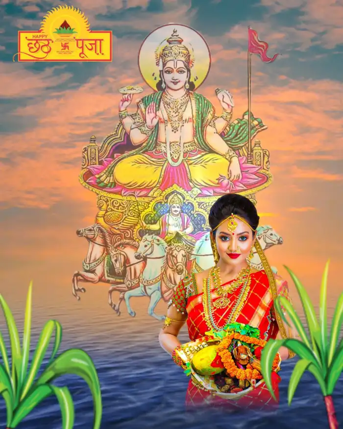 Happy Chhath Puja With Indian Woman Girl In Saree Editing Background