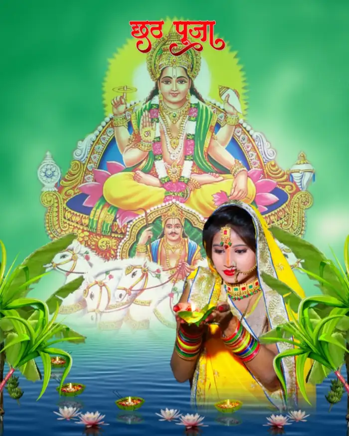 Happy Chhath Puja With Indian Woman Girl In Saree Editing Background