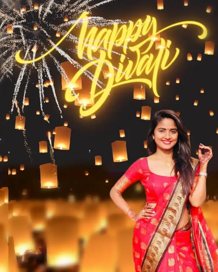 Happy Diwali Sky Lantern And Girl Editing Background