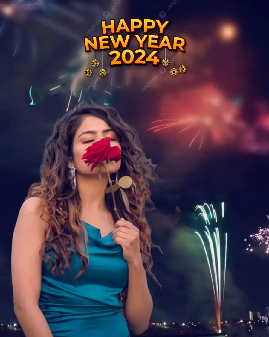 Happy New Girl With Rose Fireworks In Sky Year 2024 Background