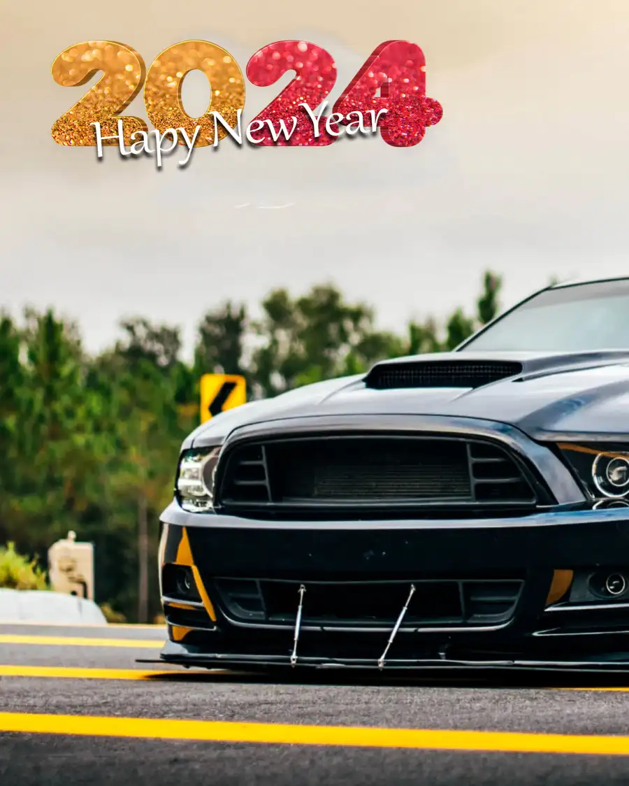 Happy New Year 2024 Black Car On A Road CB Background