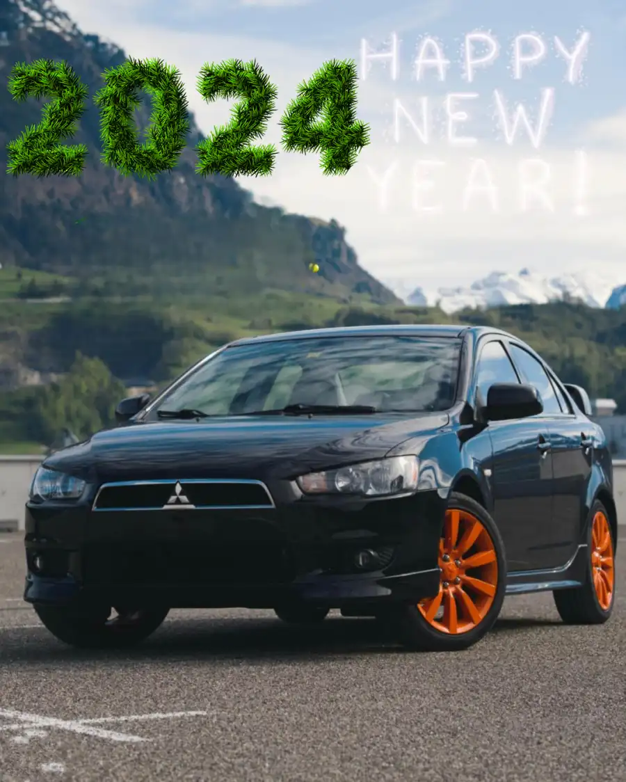 Happy New Year 2024 Black Car Parked In Front Of A Mountain Background For Editing