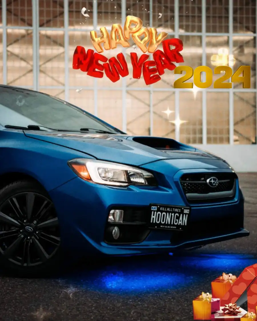 Happy New Year 2024 Blue Car Parked In A Garage Background For Photo