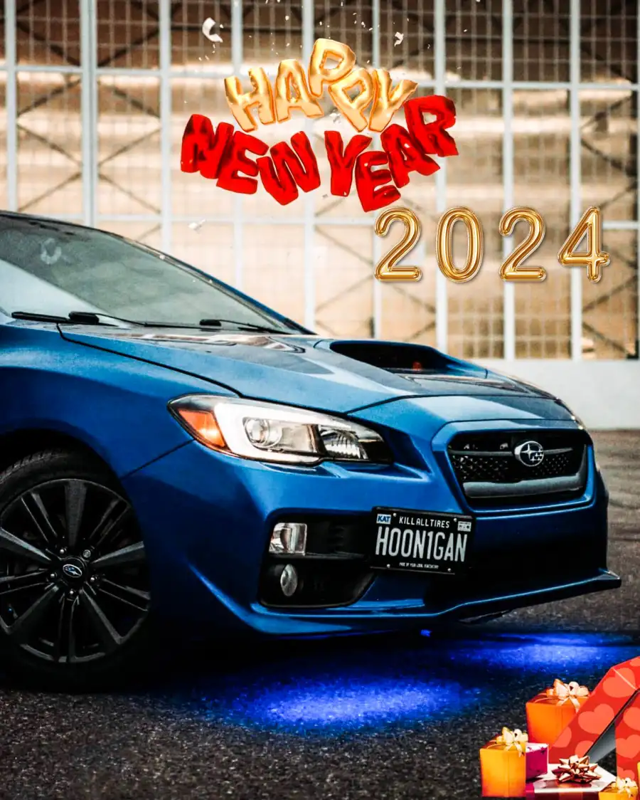 Happy New Year 2024 Blue Car Parked In A Road Photoshop Background