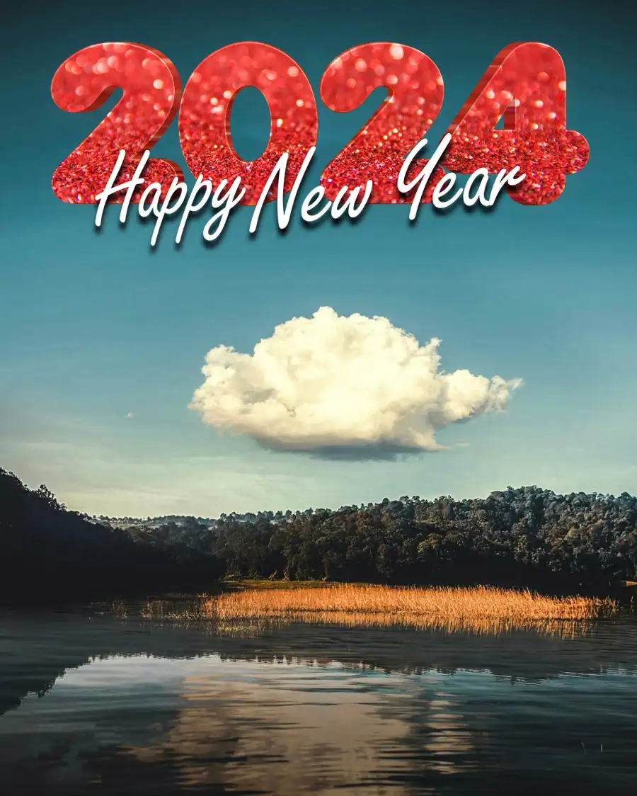 Happy New Year 2024 Body Of Water With Trees And Mountains CB  Background