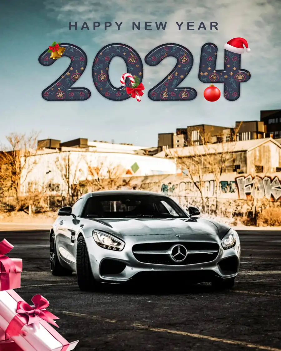 Happy New Year 2024 Car Parked In Front Of A Building  Background