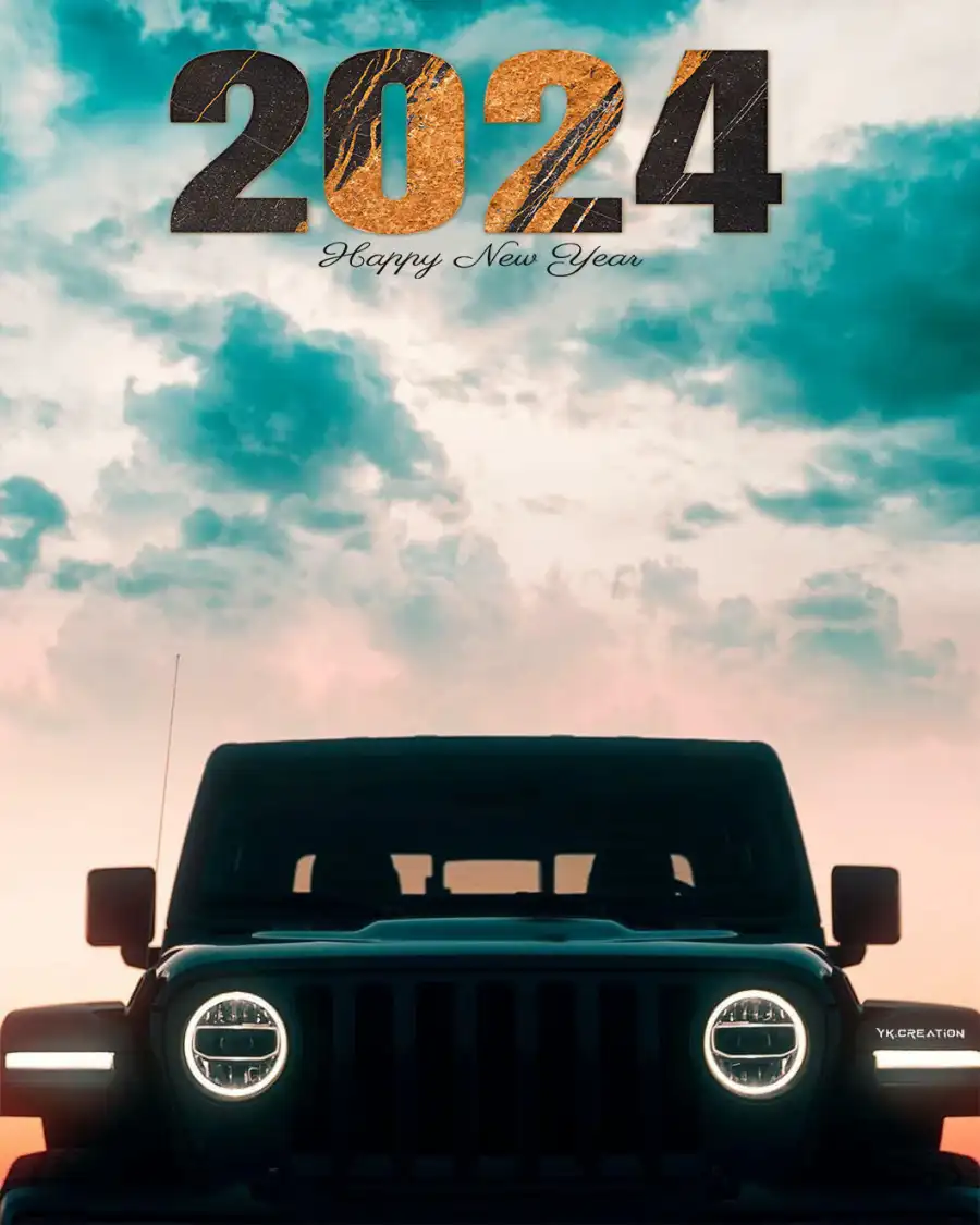 Happy New Year 2024 Car Parked In Front Of A Cloudy Sky Recovered Background