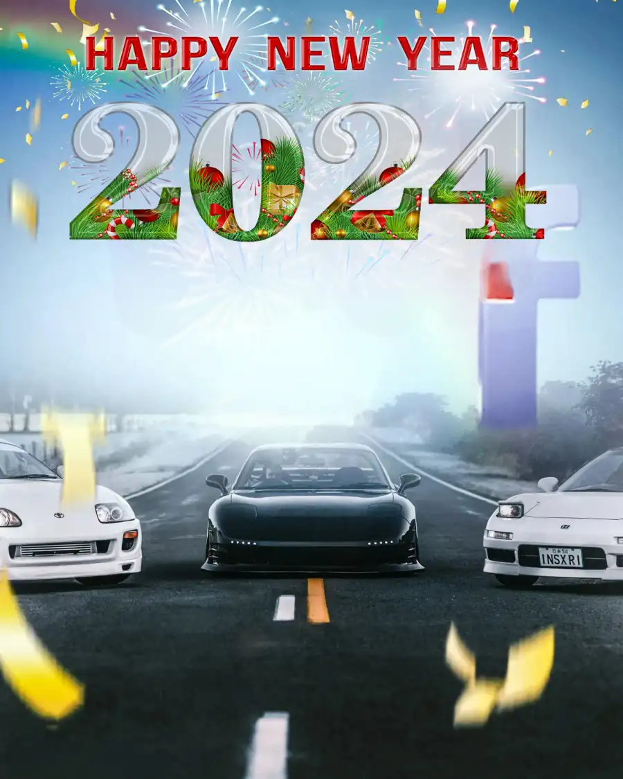 Happy New Year 2024 Cars On A Road With A Rainbow In The Background