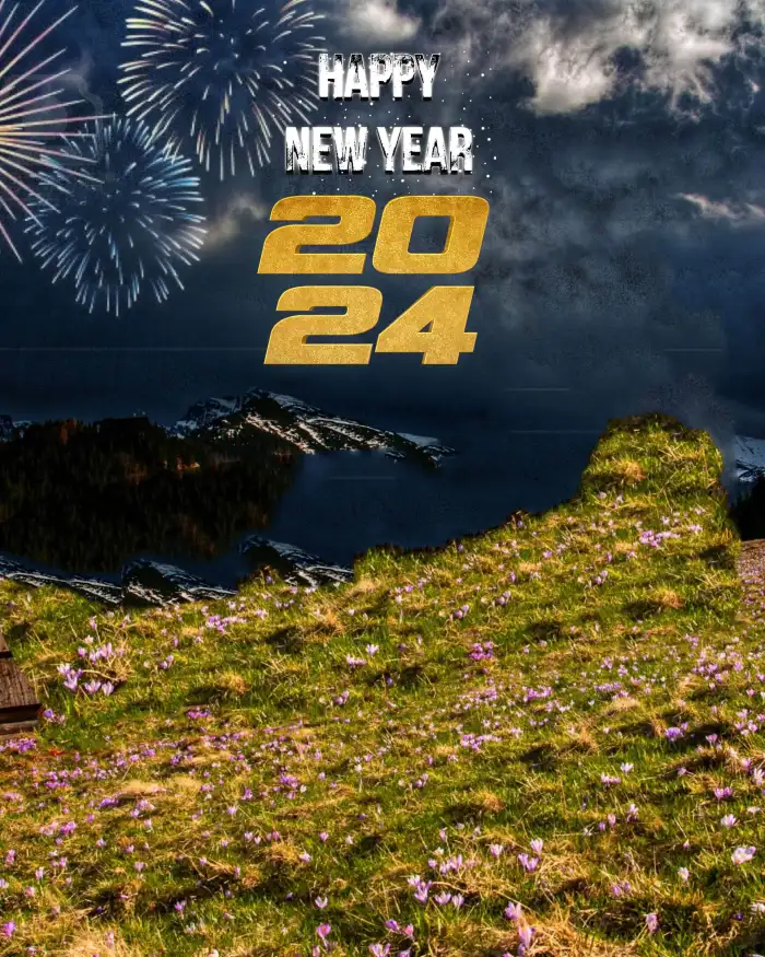 Happy New Year 2024 Field Of Flowers With A Tree And Fireworks In The Sky  Background