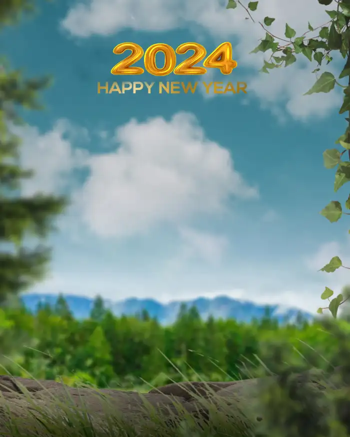 Happy New Year 2024 Forest With A Mountain In The Background For Photo Editing