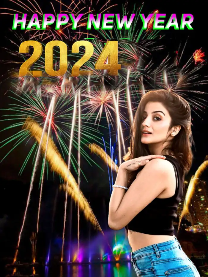 Happy New Year 2024 Girl Holding A String Of Lights Background