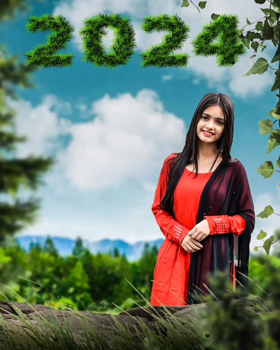 Happy New Year 2024 Girl Standing In Front Of A Tree CB Background