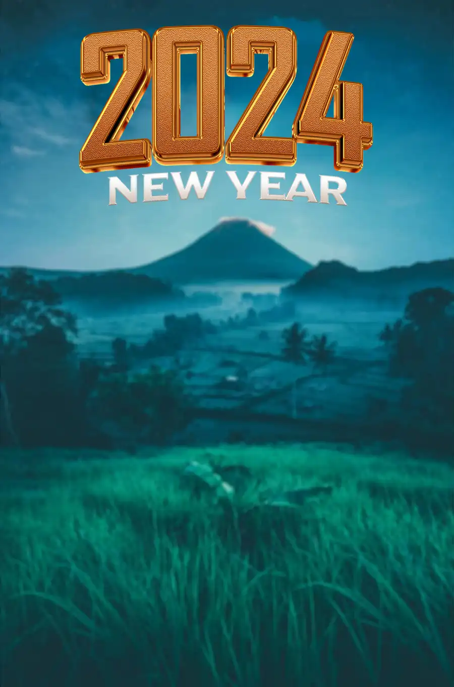 Happy New Year 2024 Green Field Mountain HD Background