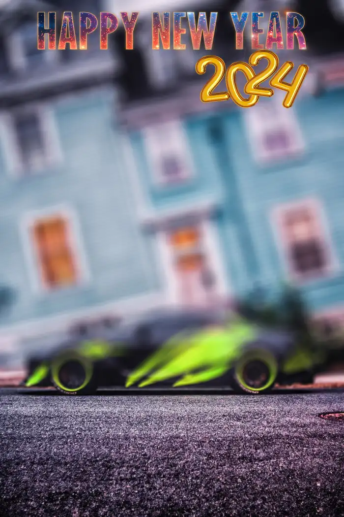 Happy New Year 2024 Green Toy Car Background HD